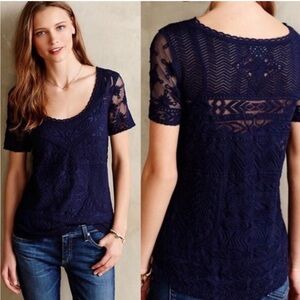 Anthropologie Meadow Rue Navy Embroidered Top XL